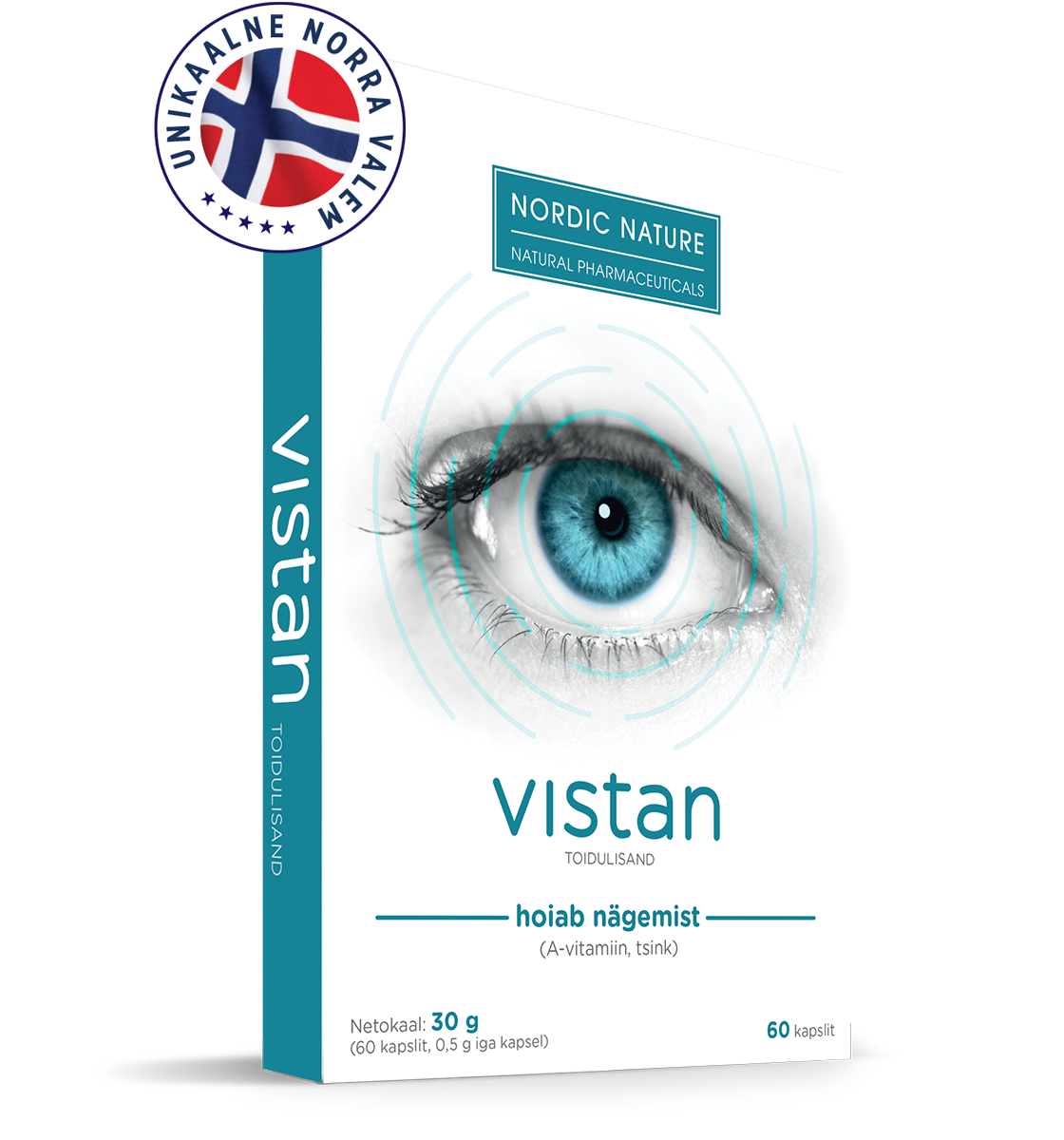Natural Pharmaceuticals Vistan™ Toidulisandi „Vistan™” pakend sinise silma kujutisega. Toode toetab silmade tervist tänu vitamiin A ja tsingi sisaldusele. Pakendil on ka märge „Unikaalne Norra Valem”. Pakend sisaldab 60 kapslit, netomass 30 g.