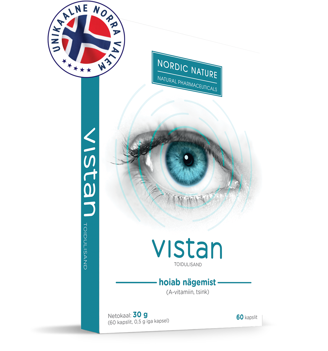 Natural Pharmaceuticals Vistan™ Toidulisandi „Vistan™” pakend sinise silma kujutisega. Toode toetab silmade tervist tänu vitamiin A ja tsingi sisaldusele. Pakendil on ka märge „Unikaalne Norra Valem”. Pakend sisaldab 60 kapslit, netomass 30 g.